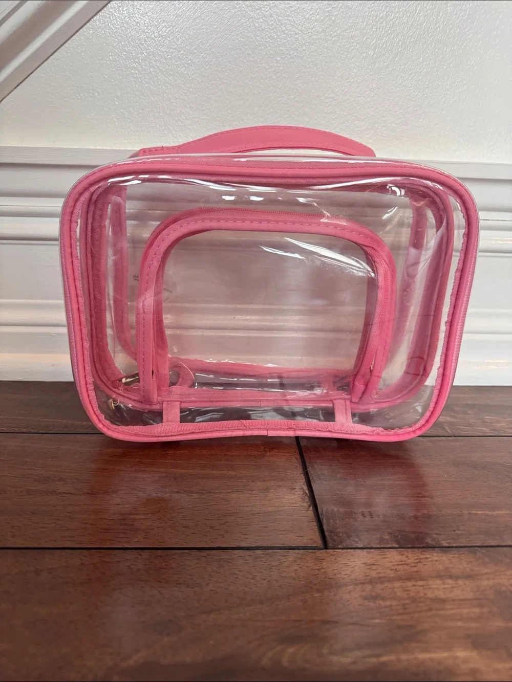 Clear Pink Trim Double Zip Travel Cosmetic Pouch
